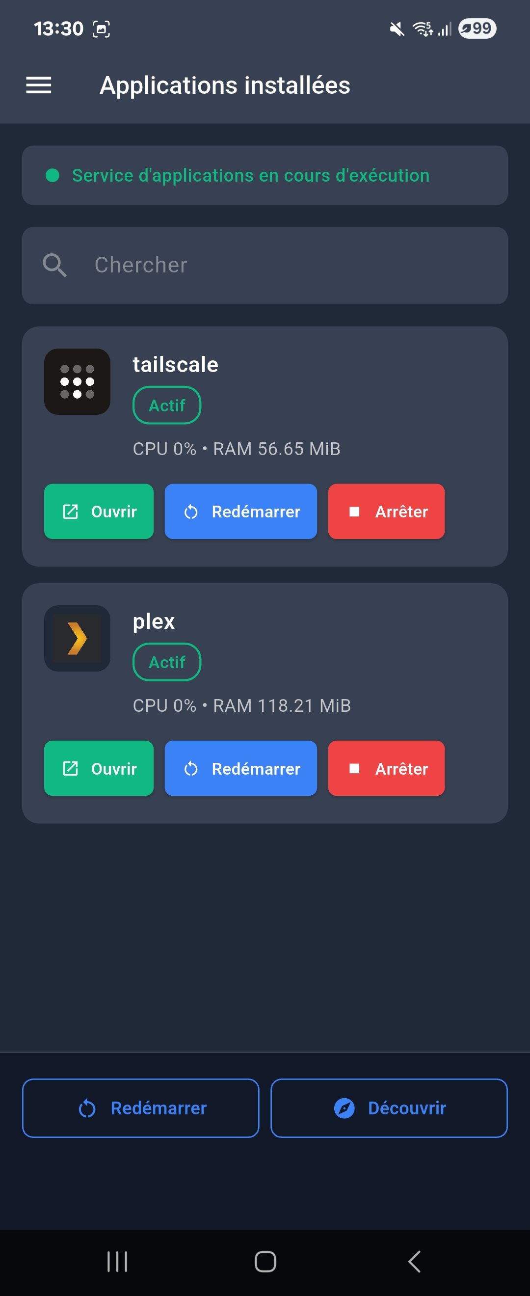 Capture d'écran des applications installées avec contrôles